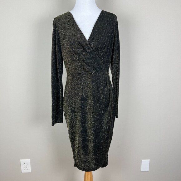Catherine Maladrino Dress Womens 10 Black Gold Metallic Faux Wrap Sheath V-Neck‎ - Picture 1 of 12